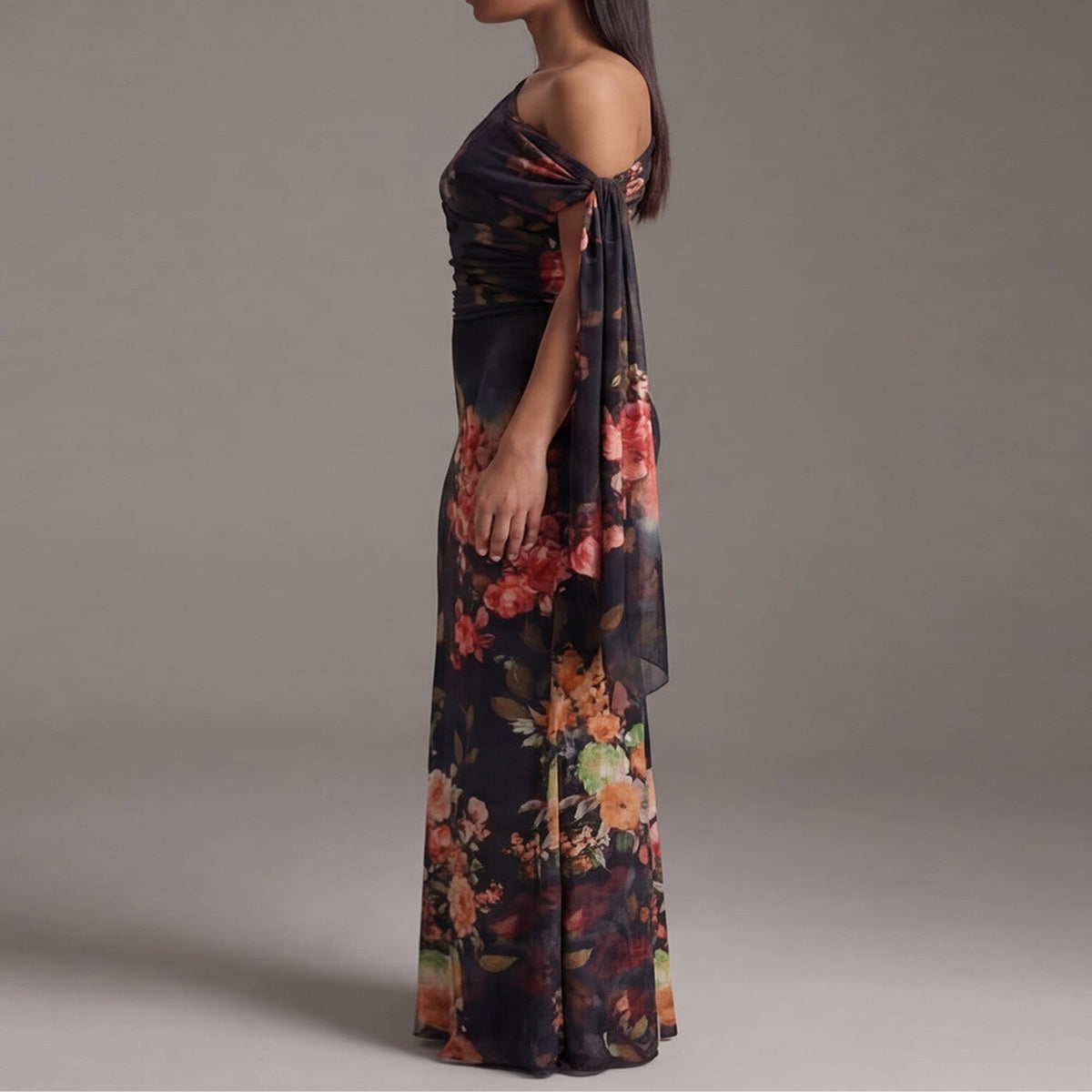One-Shoulder Pleated Chiffon Black Maxi Dress