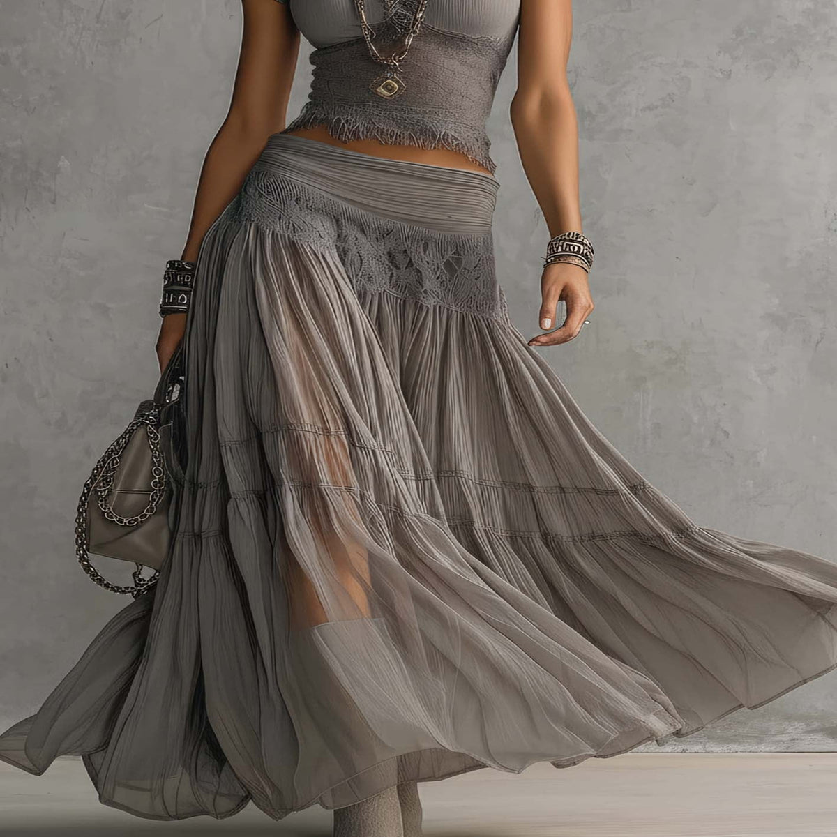 Grey Lace Crop Top and Pleated Maxi Skirt Set