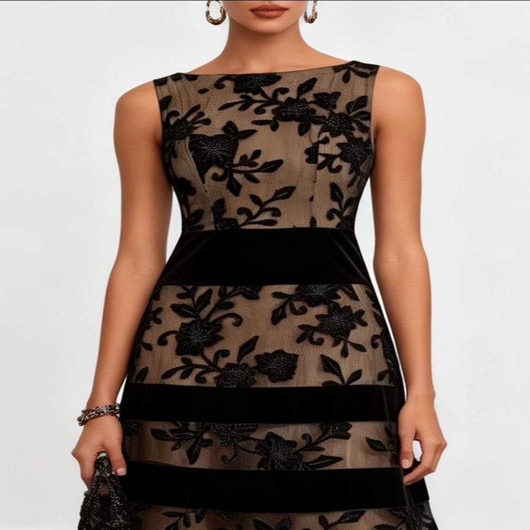Black Floral Mesh A-Line Midi Dress