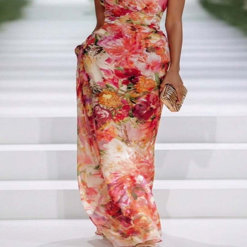 Red Chiffon Halter Neck Maxi Dress