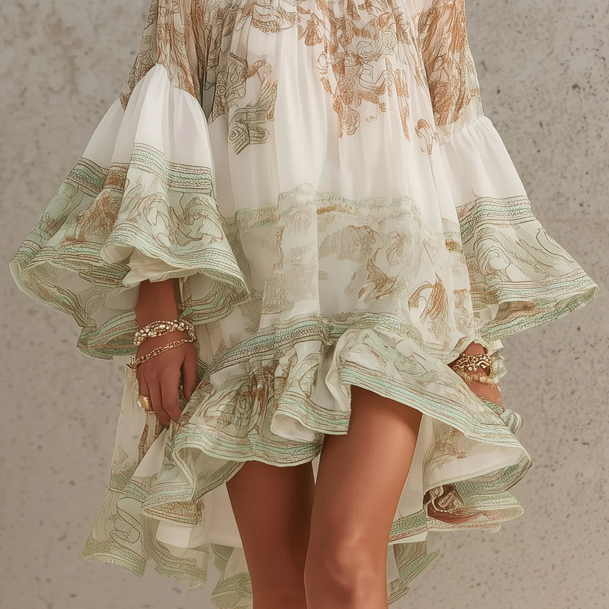 Green Striped Ruffle Chiffon Mini Dress