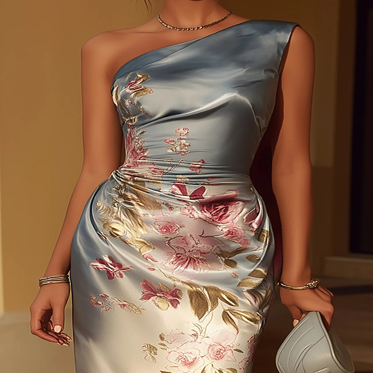 One Shoulder Floral Satin Midi Dress