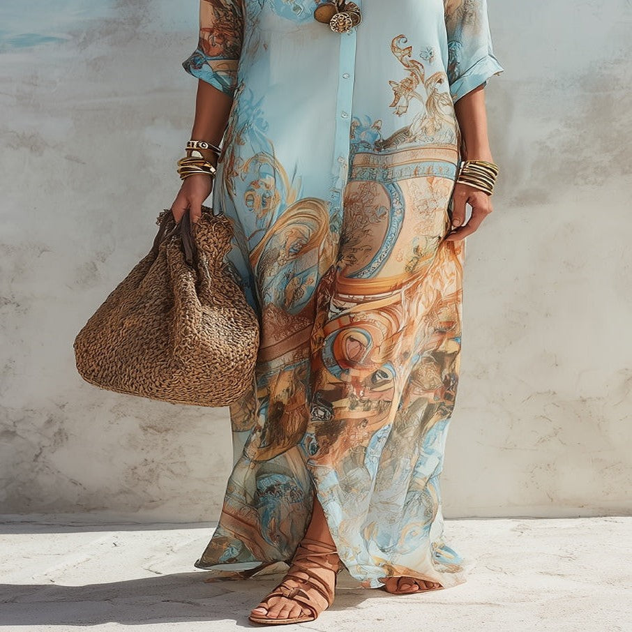 Blue Maxi Dress with Baroque Floral Print