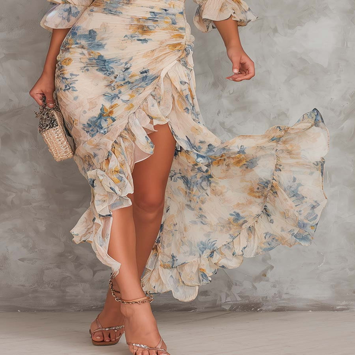 Asymmetrical Floral Print Chiffon Maxi Dress