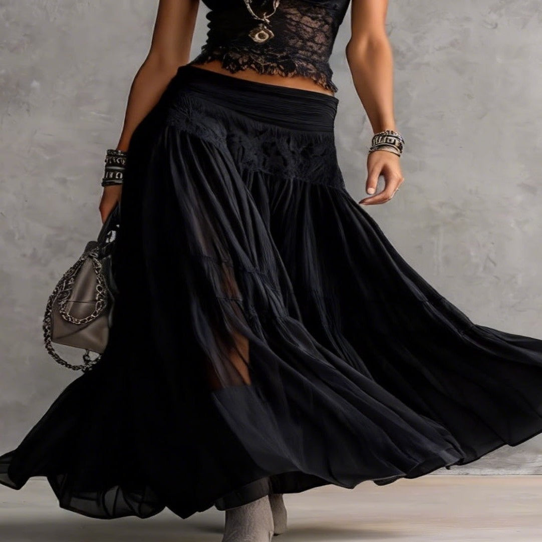 Black Lace Top and Pleated Maxi Skirt Set