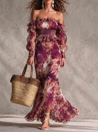 Vestido Maxi Rosa de Chifón con Hombros Descubiertos