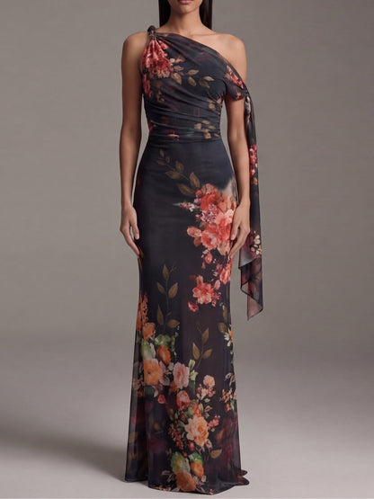 Vestido Maxi Negro de Chifón Plisado a un Hombro