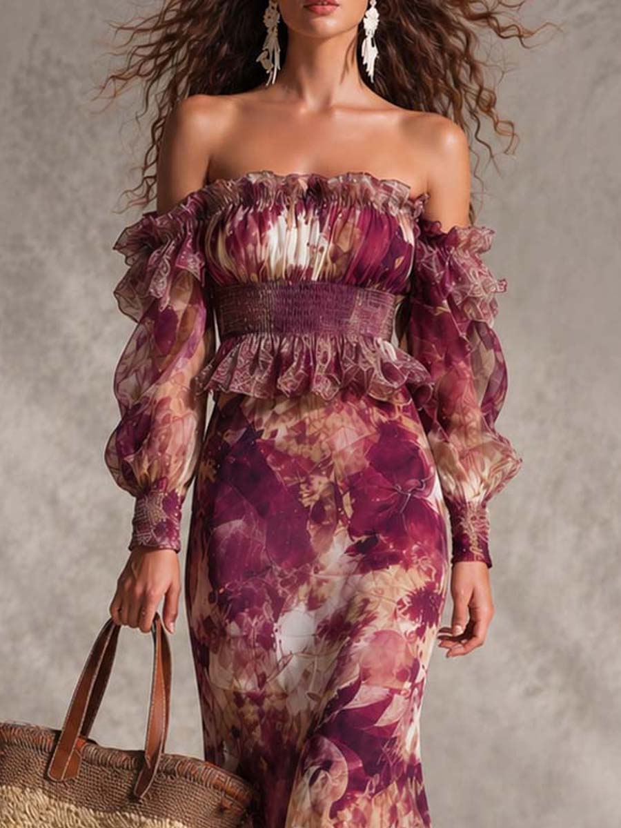 Vestido Maxi Rosa de Chifón con Hombros Descubiertos