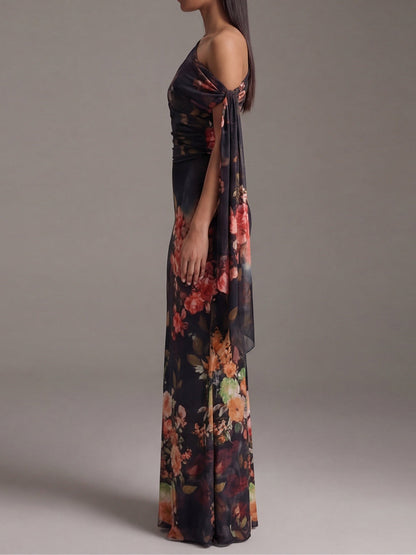 Vestido Maxi Negro de Chifón Plisado a un Hombro