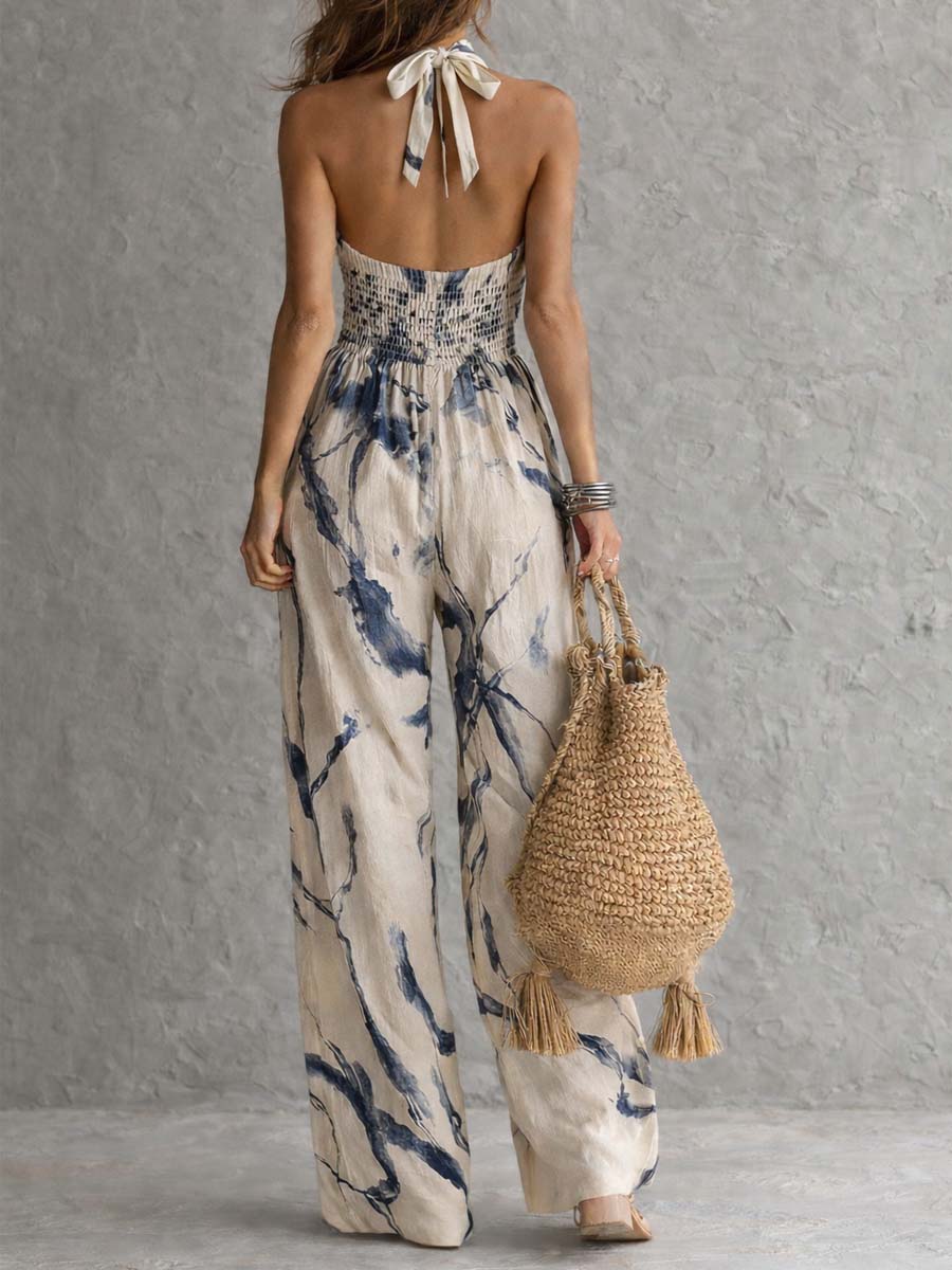 Jumpsuit Halter con Estampado de Tinta y Bolsillos