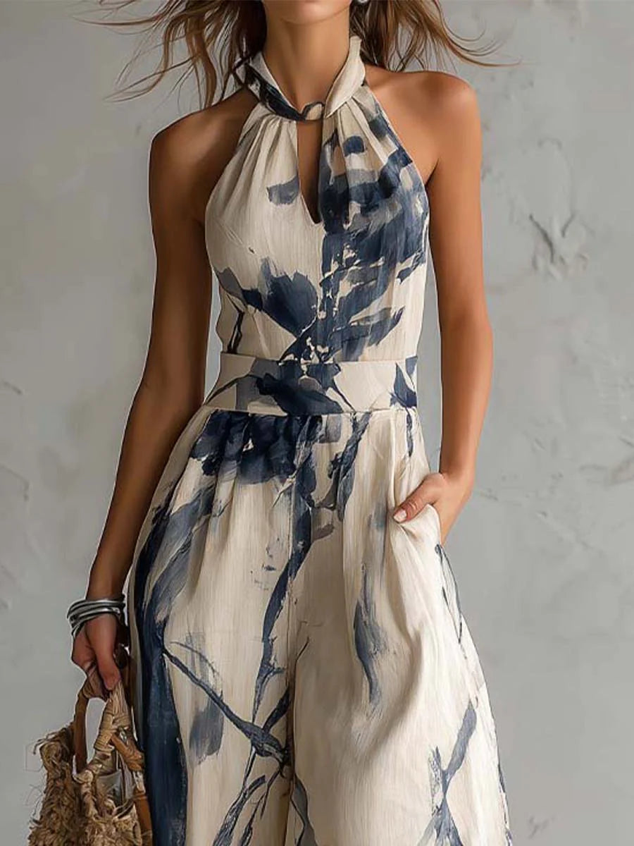 Jumpsuit Halter con Estampado de Tinta y Bolsillos