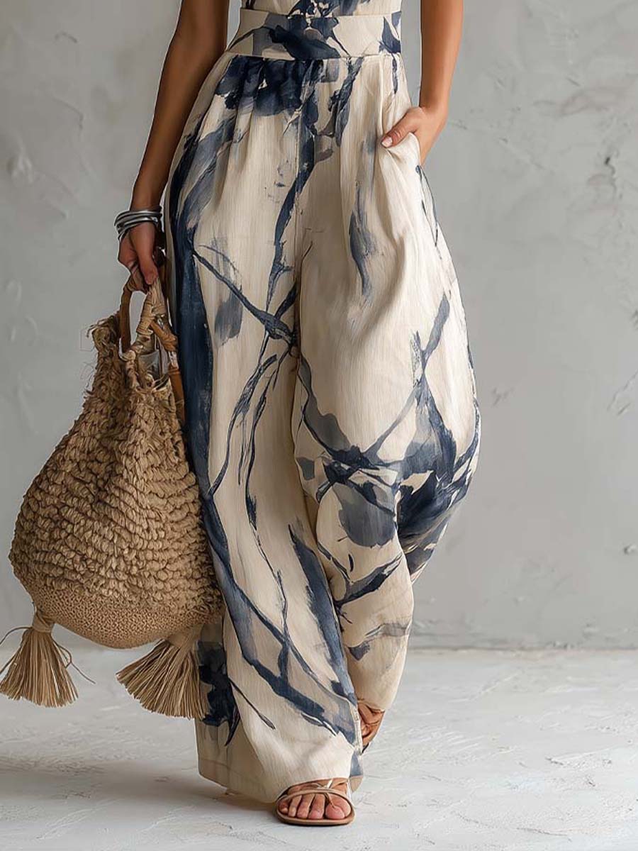 Jumpsuit Halter con Estampado de Tinta y Bolsillos