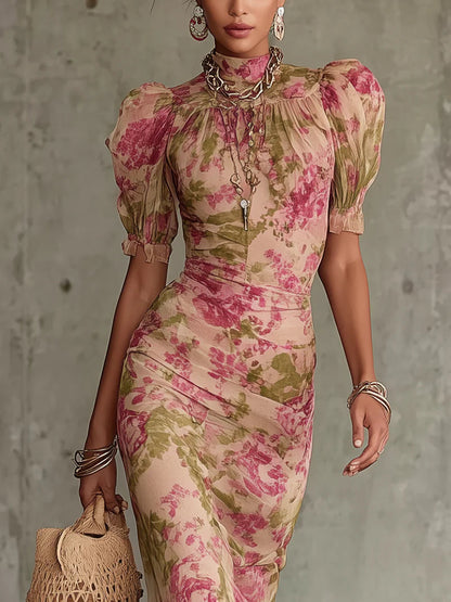 Vestido Maxi Rosa Vintage con Mangas Abullonadas