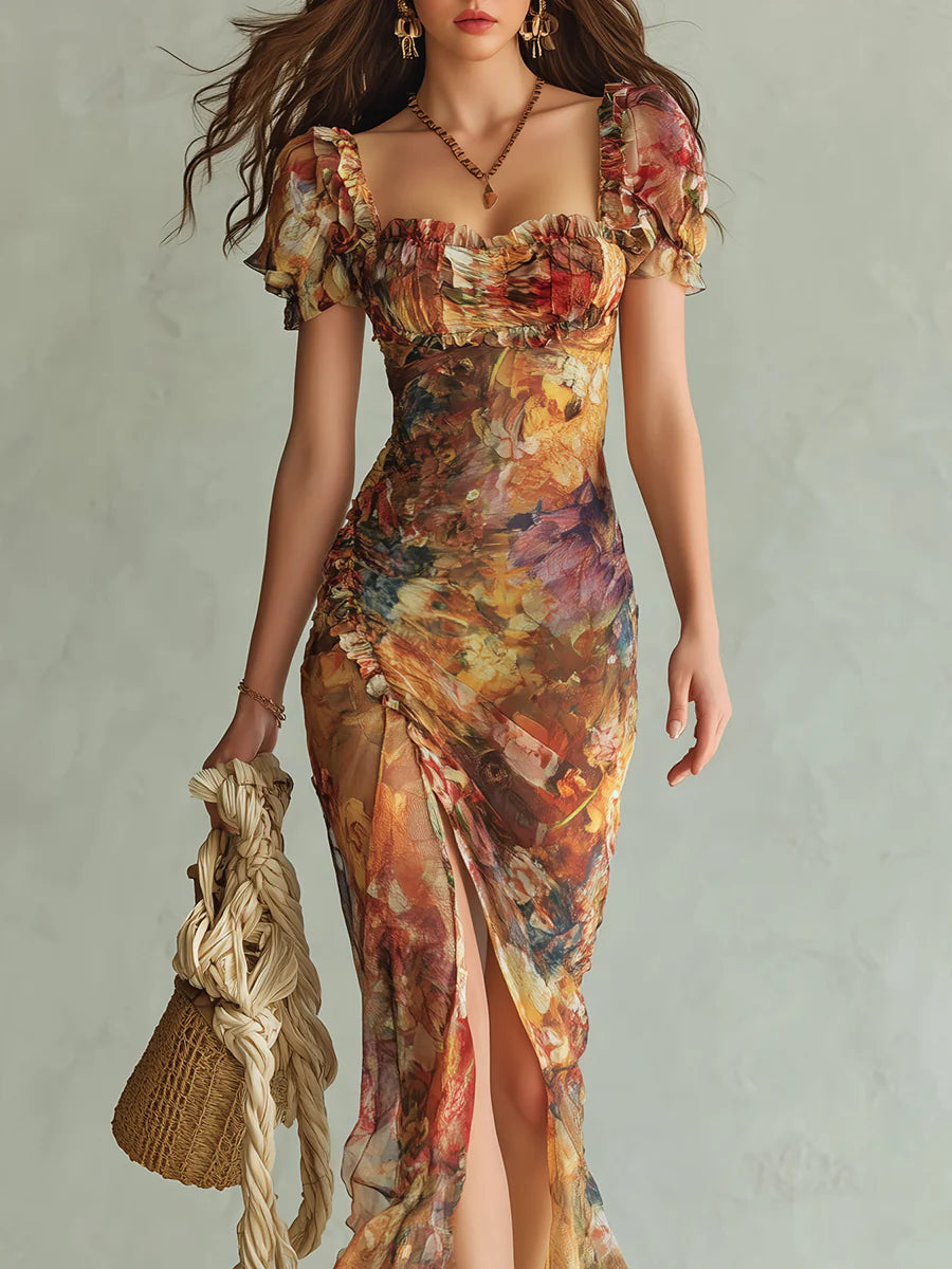 Vestido Maxi Naranja de Chifón con Estampado Óleo