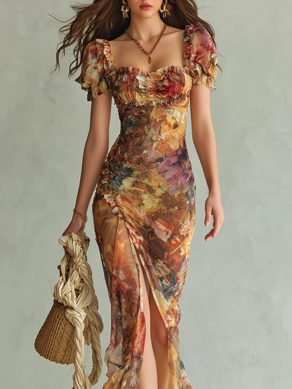 Vestido Maxi Naranja de Chifón con Estampado Óleo