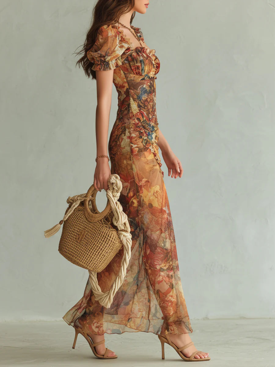 Vestido Maxi Naranja de Chifón con Estampado Óleo