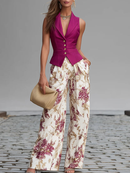 Conjunto Rosa de Chaleco y Pantalón Floral de Pierna Ancha