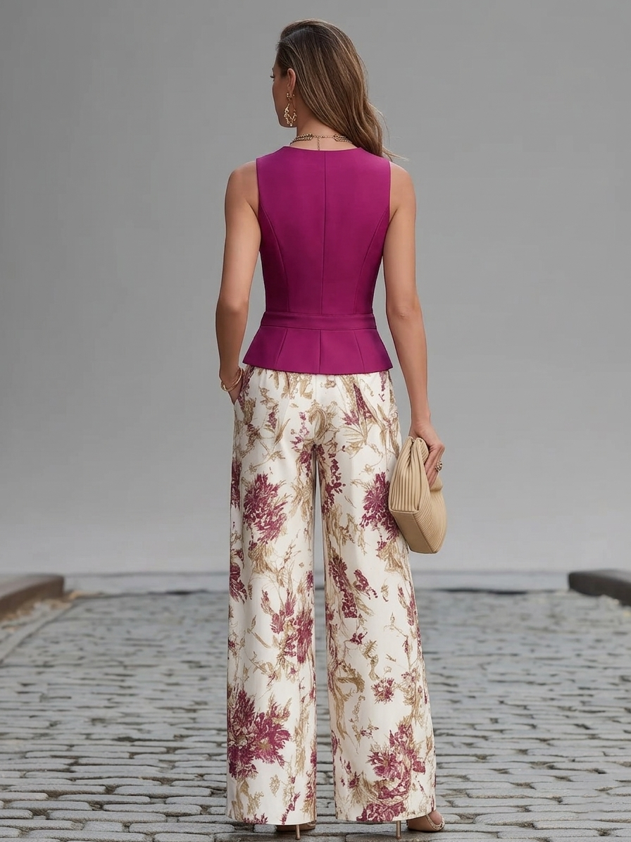 Conjunto Rosa de Chaleco y Pantalón Floral de Pierna Ancha