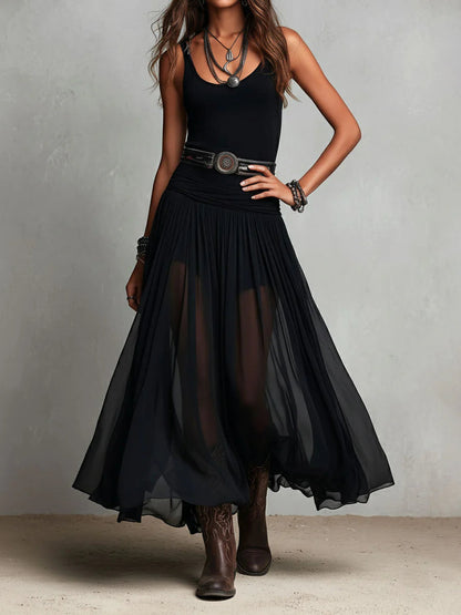 Conjunto Negro de Top y Falda Maxi de Tul
