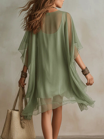 Vestido Mini Verde Fluido de Chifón con Escote V