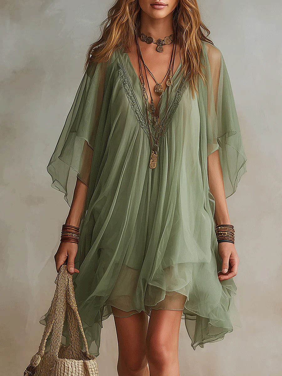 Vestido Mini Verde Fluido de Chifón con Escote V