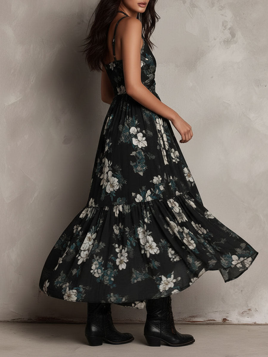 Vestido Maxi Negro Bohemio con Estampado Floral