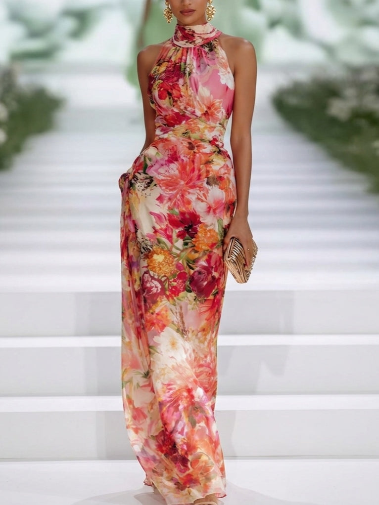 Vestido Maxi Rojo de Chifón con Escote Halter
