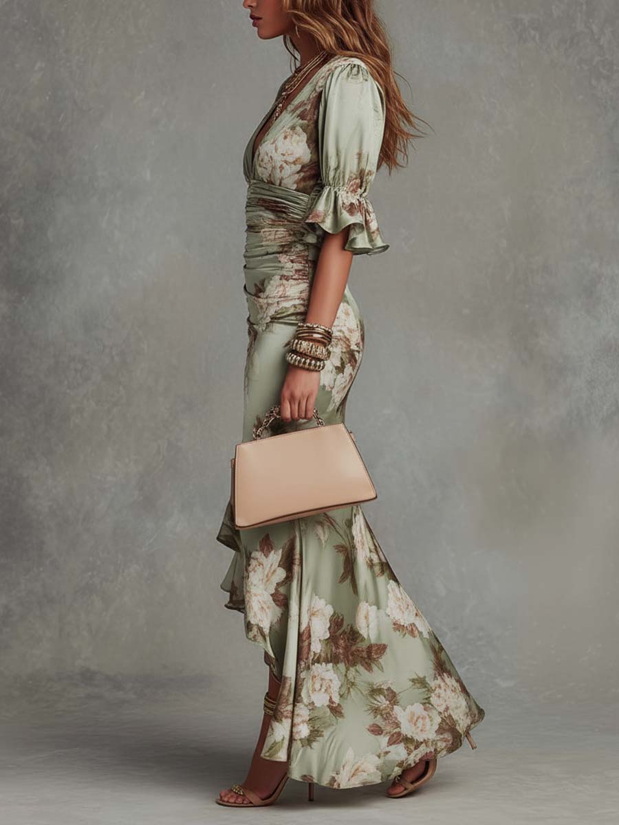 Vestido Maxi Asimétrico Verde de Satén Floral