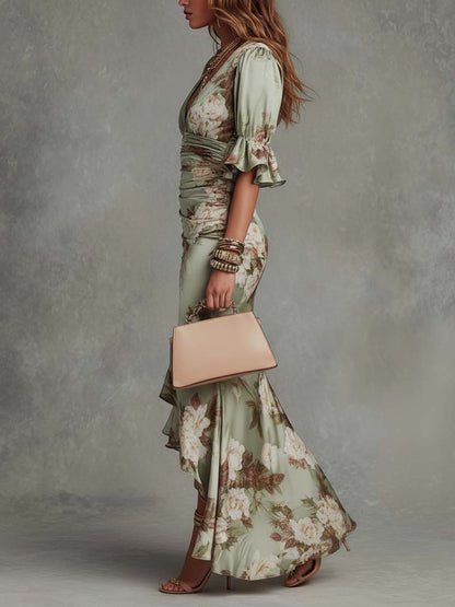 Vestido Maxi Asimétrico Verde de Satén Floral