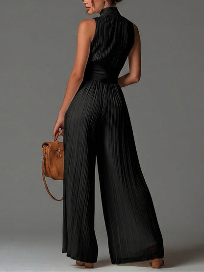 Jumpsuit Negro de Chifón con Escote V y Pierna Ancha