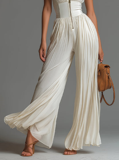Jumpsuit Blanco de Chifón sin Mangas y Pierna Ancha