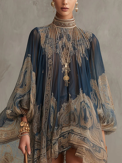 Vestido Mini Azul Marino de Chifón con Estampado Barroco