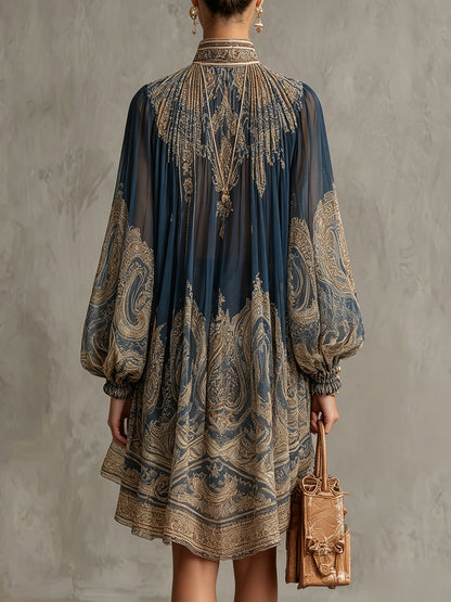 Vestido Mini Azul Marino de Chifón con Estampado Barroco