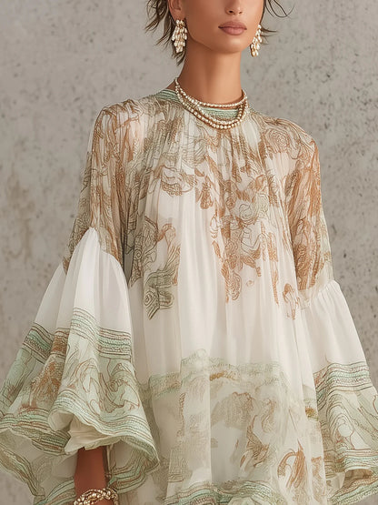 Vestido Mini Verde de Chifón con Rayas y Volantes