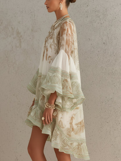 Vestido Mini Verde de Chifón con Rayas y Volantes