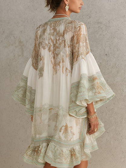 Vestido Mini Verde de Chifón con Rayas y Volantes