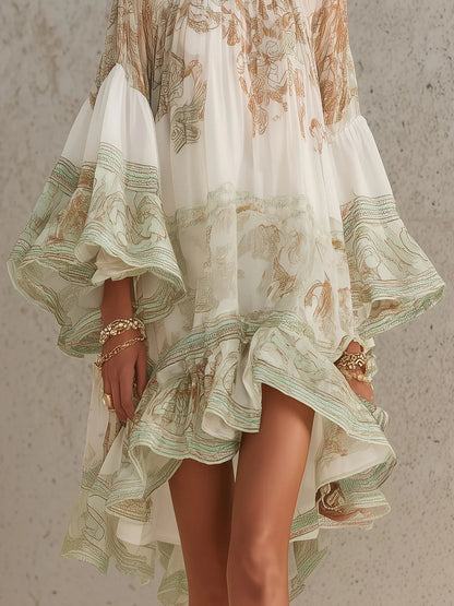 Vestido Mini Verde de Chifón con Rayas y Volantes