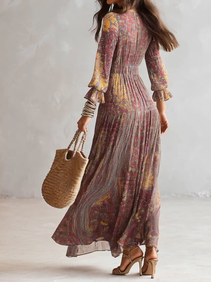 Vestido Maxi de Chifón con Estampado Paisley y Escote V