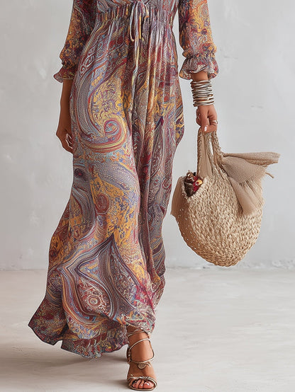 Vestido Maxi de Chifón con Estampado Paisley y Escote V