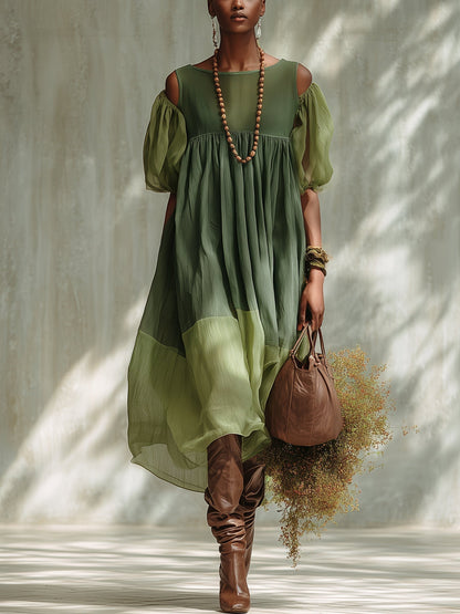 Vestido Midi Verde de Chifón con Hombros Descubiertos