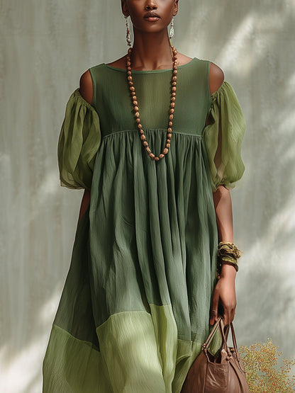 Vestido Midi Verde de Chifón con Hombros Descubiertos