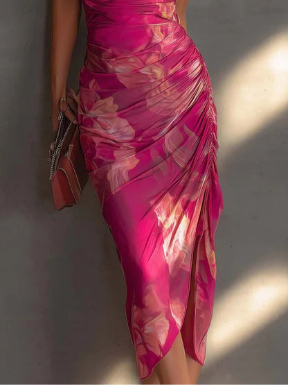 Vestido Bodycon Fucsia sin Mangas con Estampado Floral