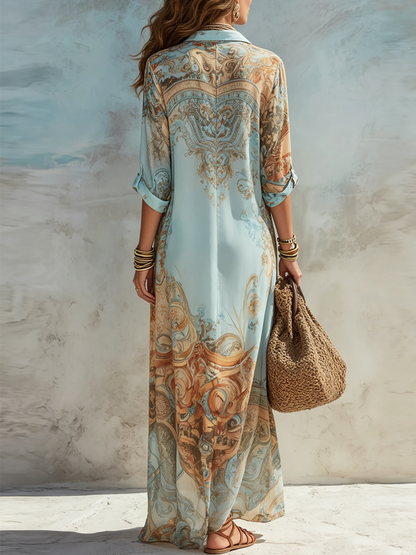 Vestido Maxi Azul con Estampado Floral Barroco