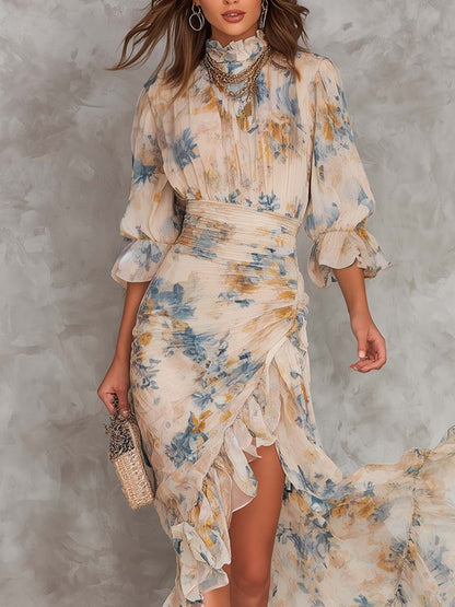 Vestido Maxi Asimétrico de Chifón con Estampado Floral
