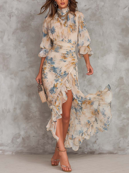 Vestido Maxi Asimétrico de Chifón con Estampado Floral