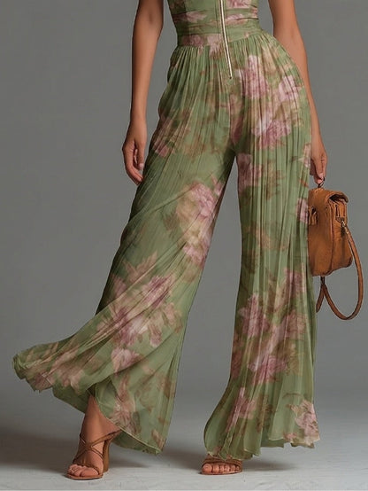 Jumpsuit Verde Floral de Chifón con Pierna Ancha