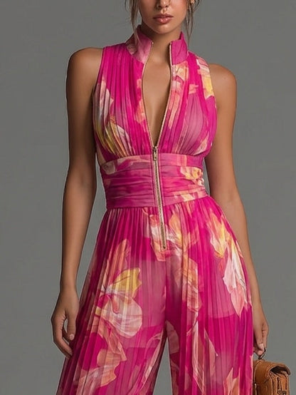 Jumpsuit Fucsia de Chifón Plisado con Estampado Floral