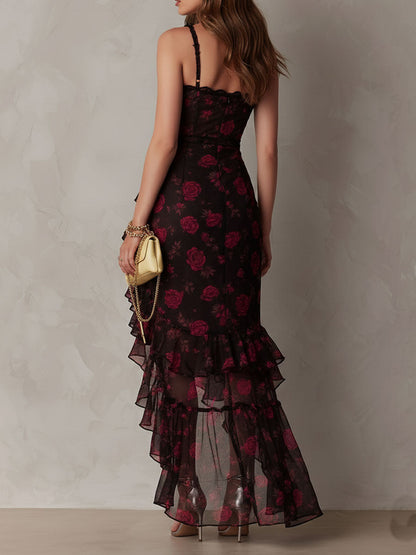 Vestido Largo Negro y Rojo con Flores y Volantes