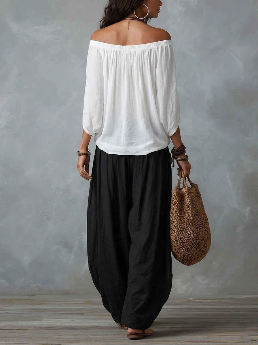 Conjunto Blanco de Top con Hombros Descubiertos y Pantalón Holgado