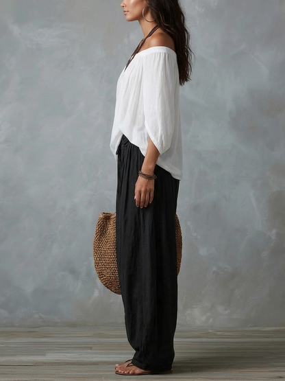 Conjunto Blanco de Top con Hombros Descubiertos y Pantalón Holgado